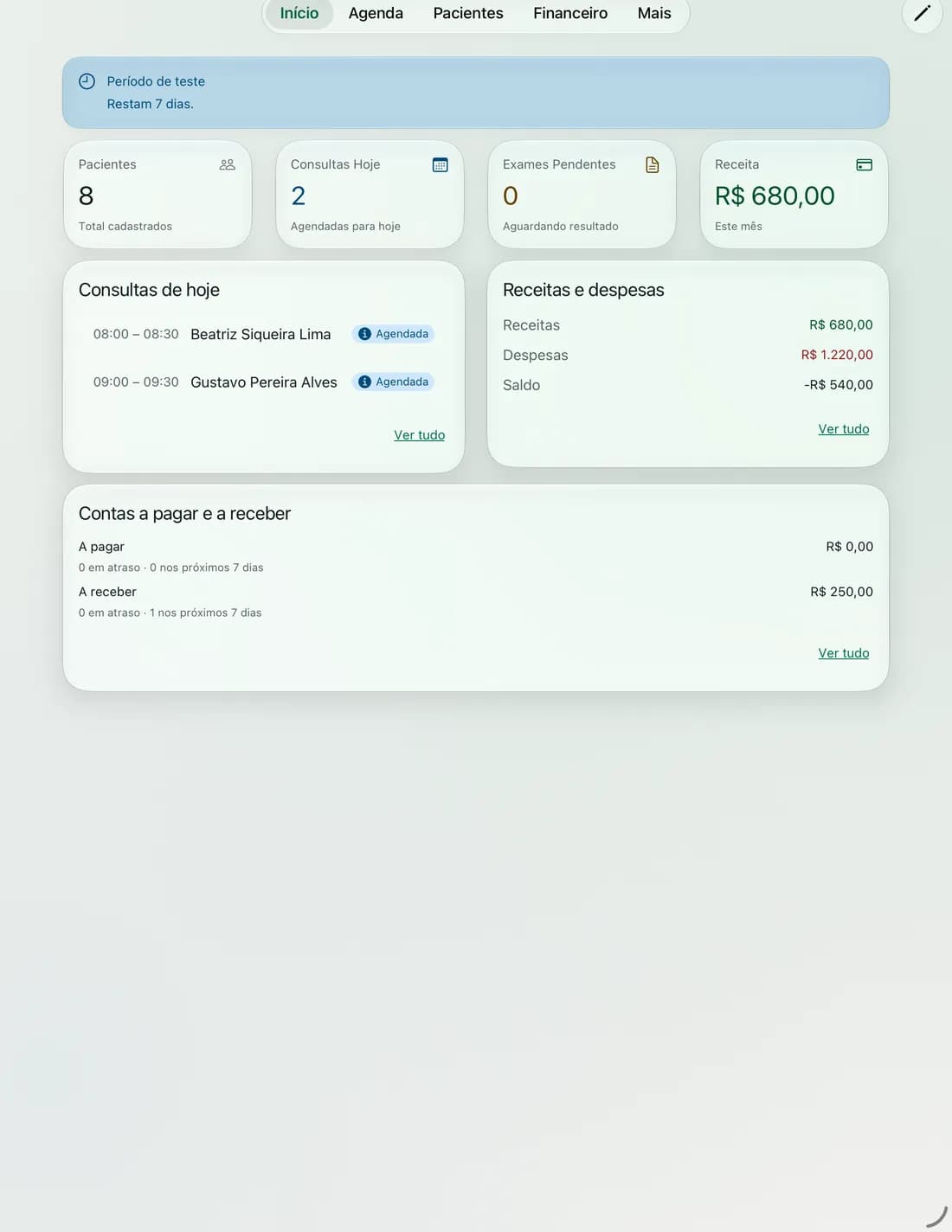 Tela inicial no iPad com indicadores do atendimento e consultas de hoje
